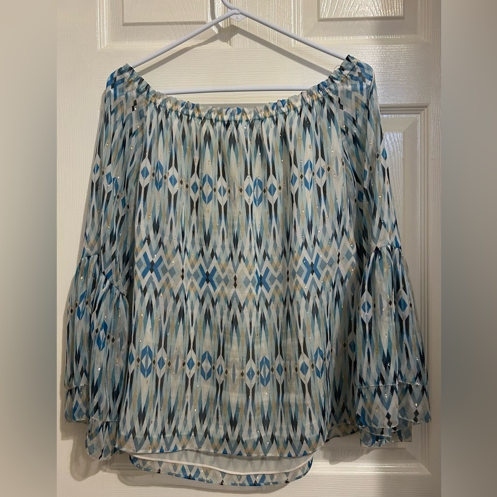White House Black Market Off Shoulder white blue gold bell sleeve blouse s large - Picture 5 of 6